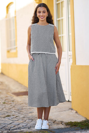 Yumi Black Gingham Cotton Top With Lace Trims