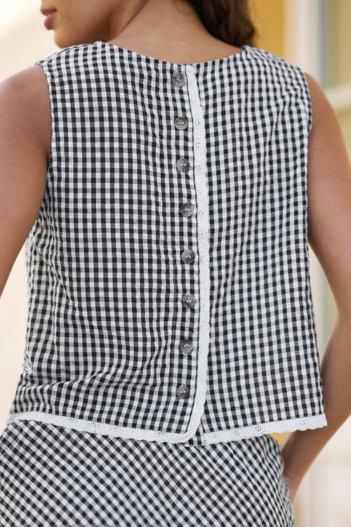 Yumi Black Gingham Cotton Top With Lace Trims