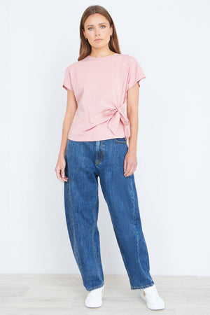 Yumi Pink Cotton Jersey Top With Knot Detail