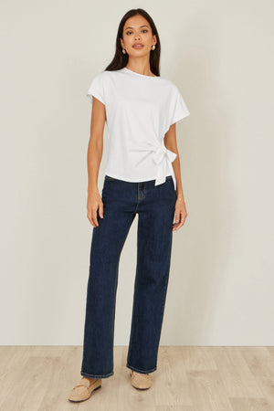 Yumi White Cotton Jersey Top With Knot Detail