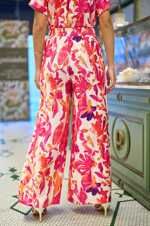 Yumi Pink Abstract Floral Wide Leg Trousers