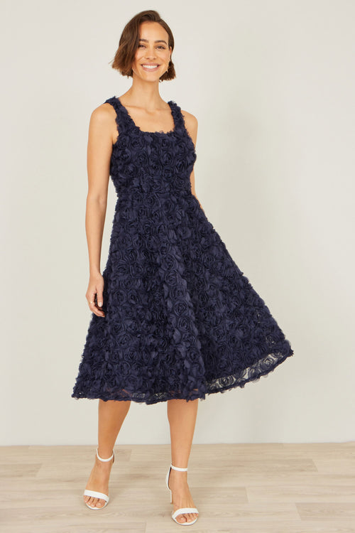 Yumi Navy Applique Floral Skater Dress
