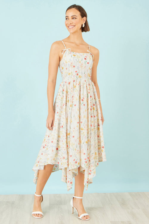 Yumi White Botanical Embroidery Fabric Handkerchief Hem Dress
