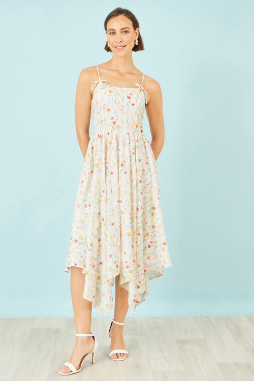 Yumi White Botanical Embroidery Fabric Handkerchief Hem Dress