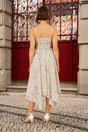 Yumi White Botanical Embroidery Fabric Handkerchief Hem Dress