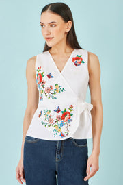 Yumi White Stretch Cotton Embroidered Wrap Top