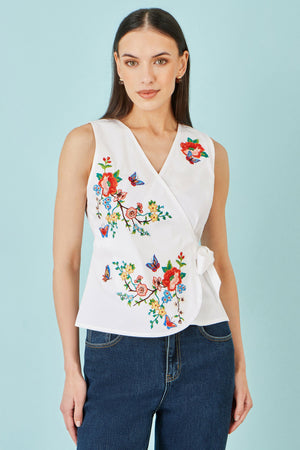 Yumi White Stretch Cotton Embroidered Wrap Top