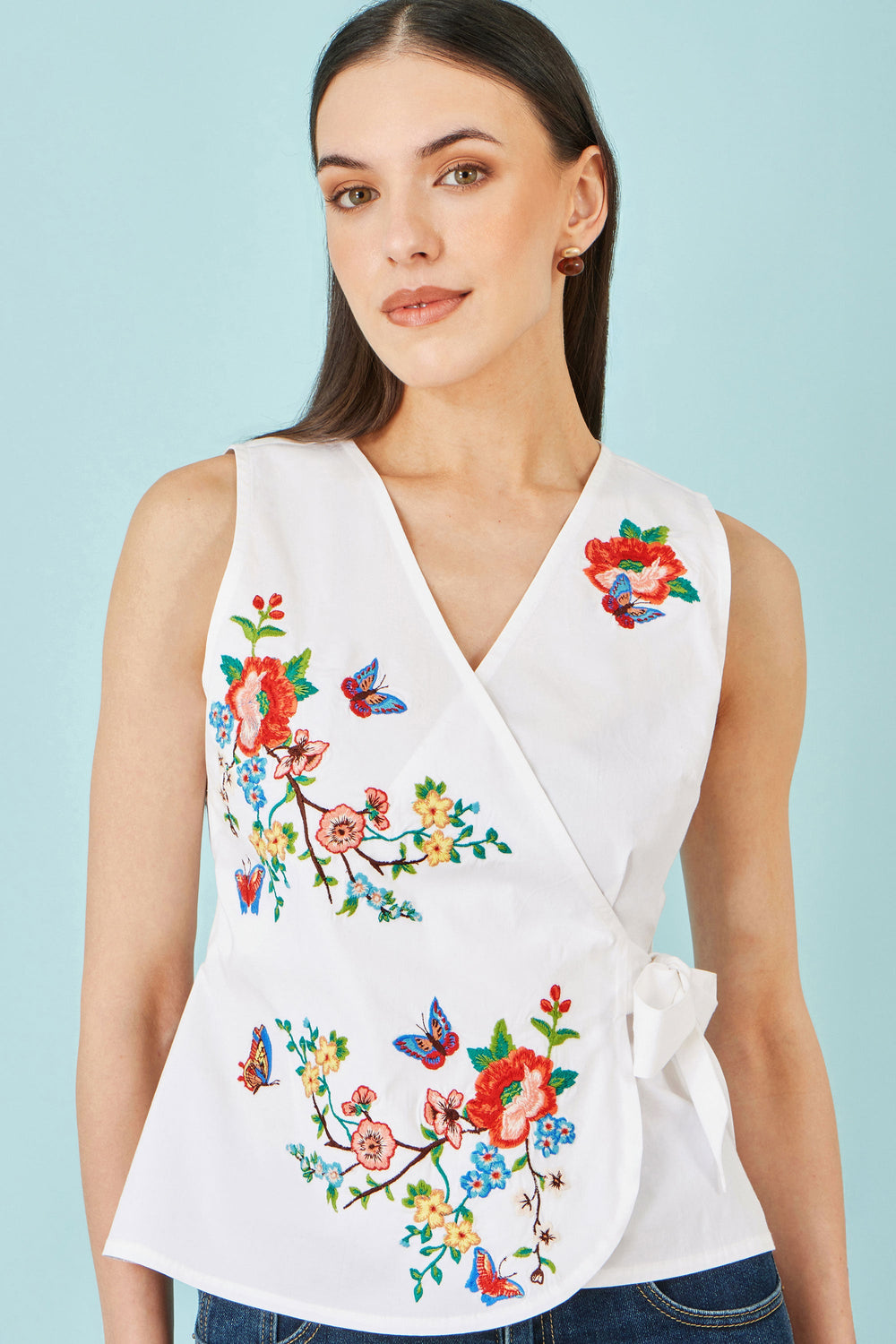 Yumi White Stretch Cotton Embroidered Wrap Top