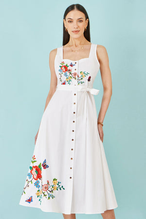 Yumi White Cotton Midi Dress With Embroidery