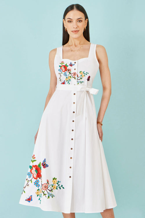 Yumi White Cotton Midi Dress With Embroidery