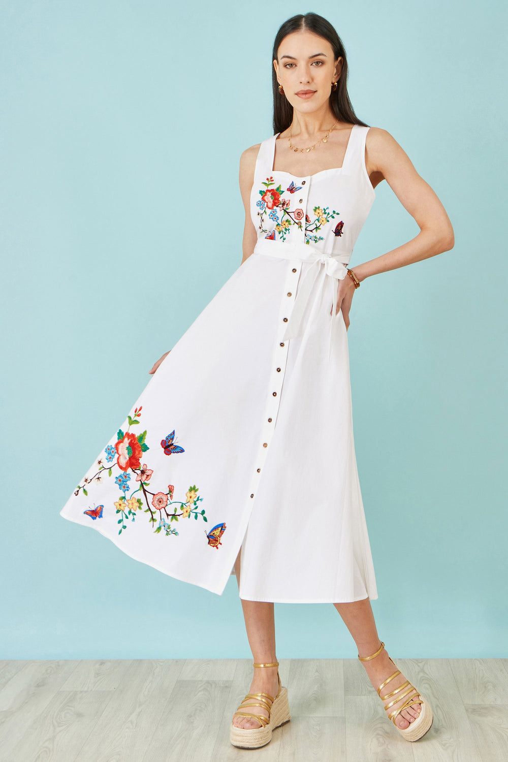 Yumi White Cotton Midi Dress With Embroidery