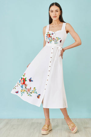 Yumi White Cotton Midi Dress With Embroidery