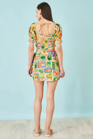 Yumi Multicolour Postcard Print Cotton Wrap Skirt