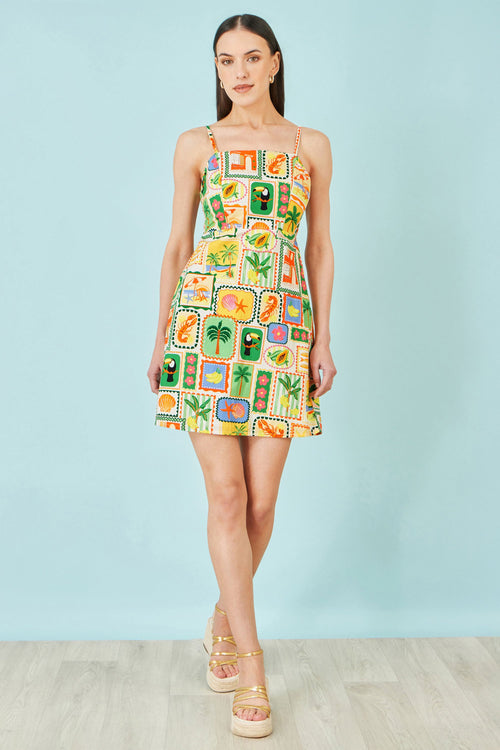 Yumi Multicolour Postcard Print Mini Sun Dress