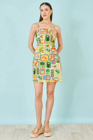 Yumi Multicolour Postcard Print Mini Sun Dress