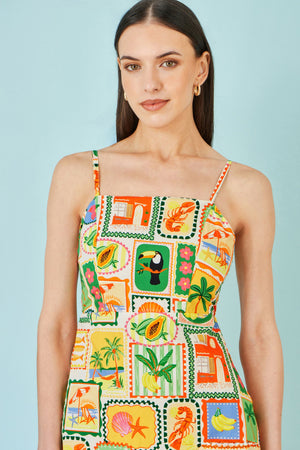 Yumi Multicolour Postcard Print Mini Sun Dress