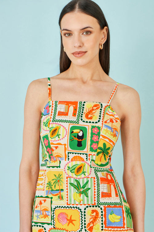 Yumi Multicolour Postcard Print Mini Sun Dress