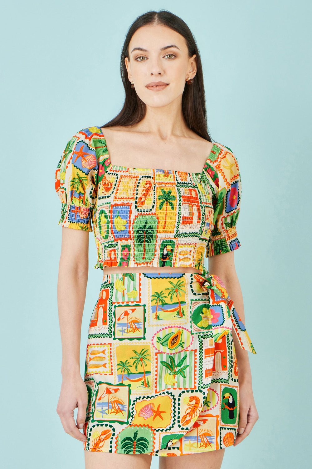 Yumi Multicolour Cropped Shirred Cotton Postcard Print Top