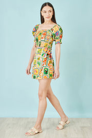 Yumi Multicolour Cropped Shirred Cotton Postcard Print Top