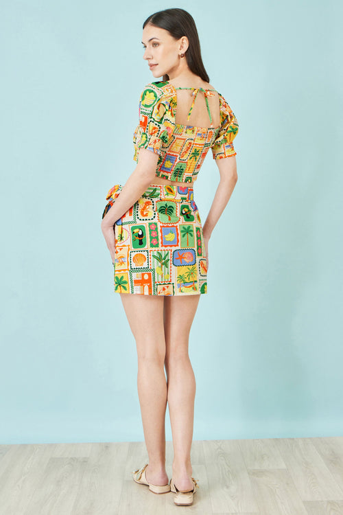 Yumi Multicolour Cropped Shirred Cotton Postcard Print Top