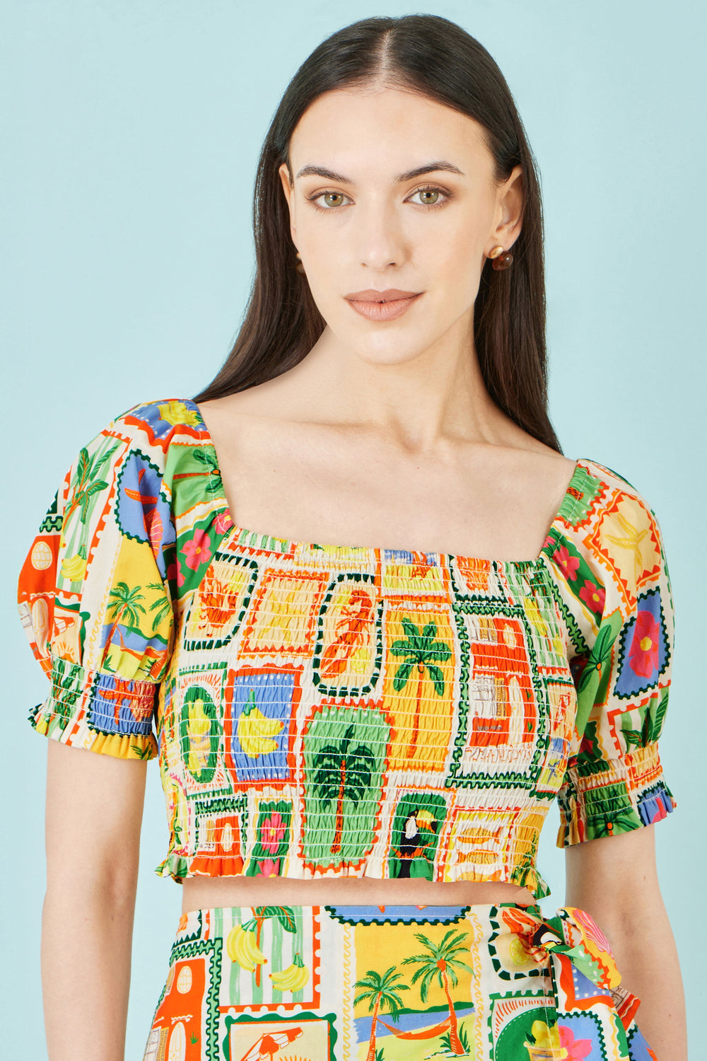 Yumi Multicolour Cropped Shirred Cotton Postcard Print Top
