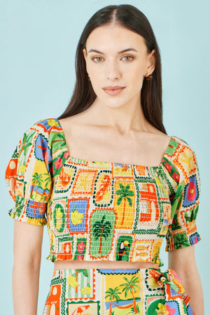 Yumi Multicolour Cropped Shirred Cotton Postcard Print Top