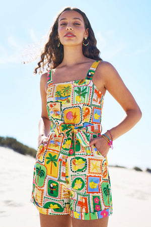 Yumi Multicolour Cotton Postcard Print Playsuit