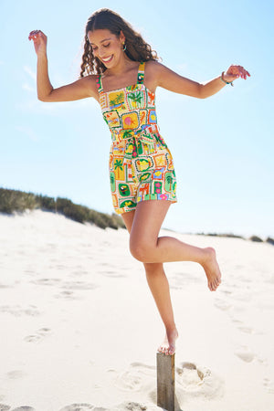 Yumi Multicolour Cotton Postcard Print Playsuit