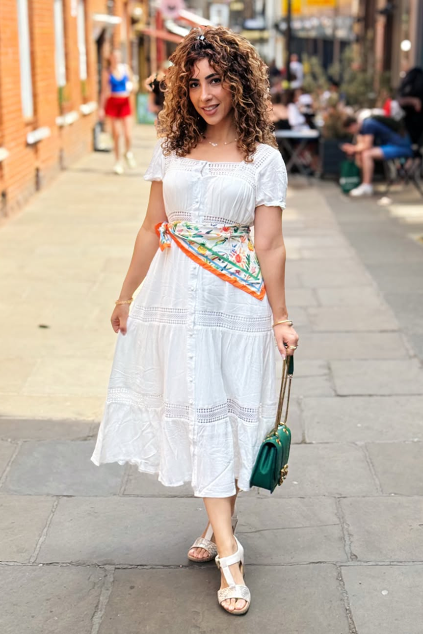 Yumi White Cotton Square Neckline Lace Midi Dress