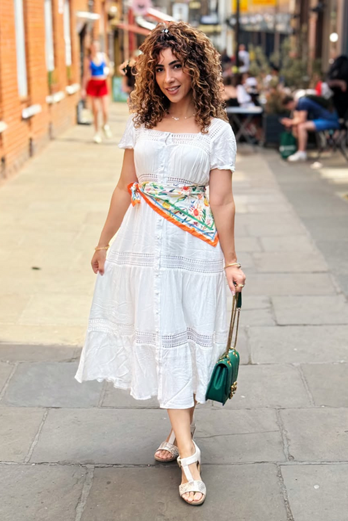 Yumi White Cotton Square Neckline Lace Midi Dress