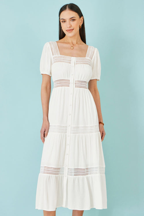 Yumi White Cotton Square Neckline Lace Midi Dress