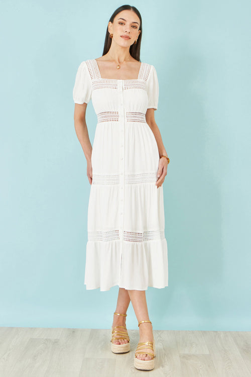 Yumi White Cotton Square Neckline Lace Midi Dress