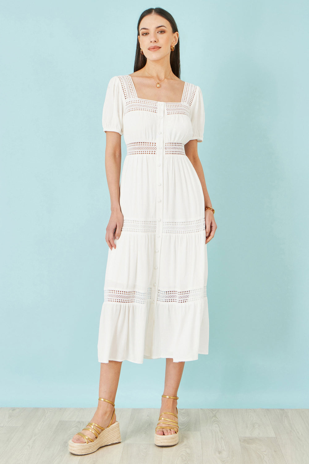 Yumi White Cotton Square Neckline Lace Midi Dress