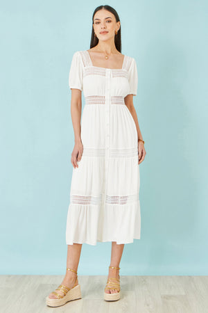 Yumi White Cotton Square Neckline Lace Midi Dress