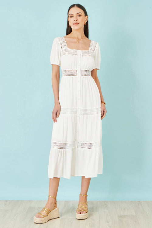 Yumi White Cotton Square Neckline Lace Midi Dress