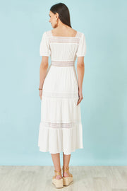 Yumi White Cotton Square Neckline Lace Midi Dress