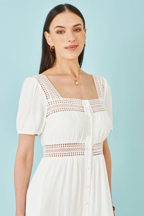 Yumi White Cotton Square Neckline Lace Midi Dress