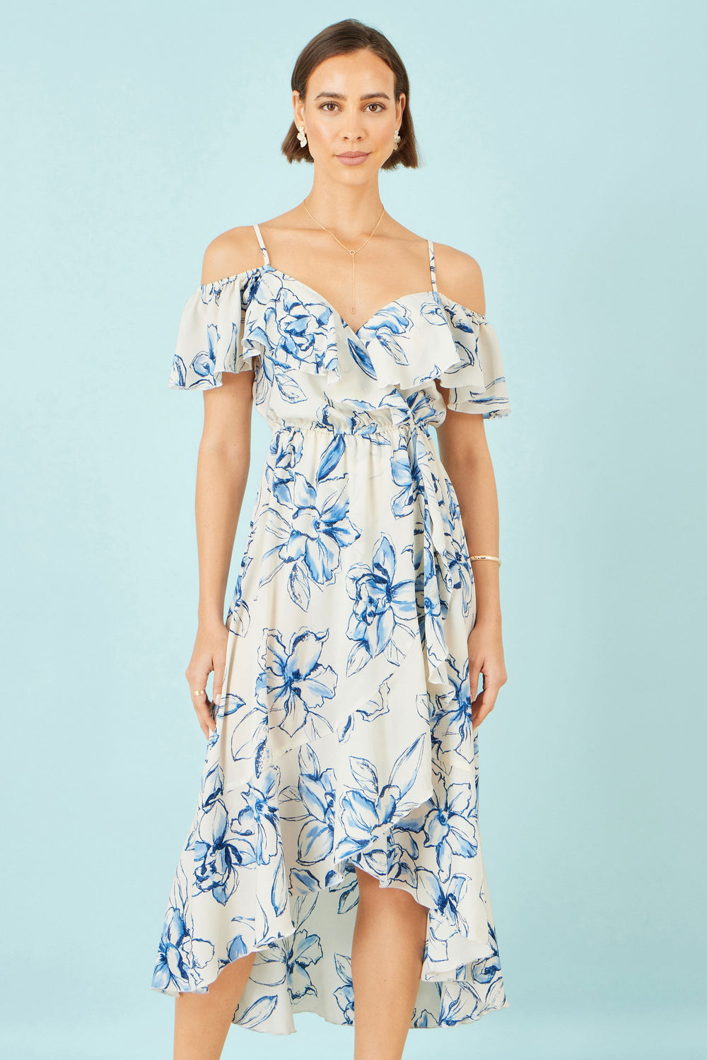 Yumi Ivory Floral Print Bardot Midi Dress With Dip Hem