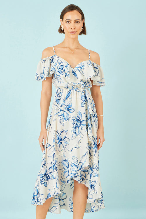 Yumi Ivory Floral Print Bardot Midi Dress With Dip Hem