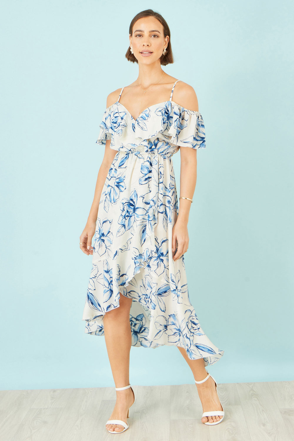 Yumi Ivory Floral Print Bardot Midi Dress With Dip Hem