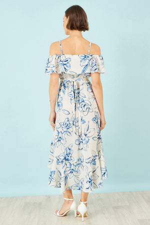Yumi Ivory Floral Print Bardot Midi Dress With Dip Hem