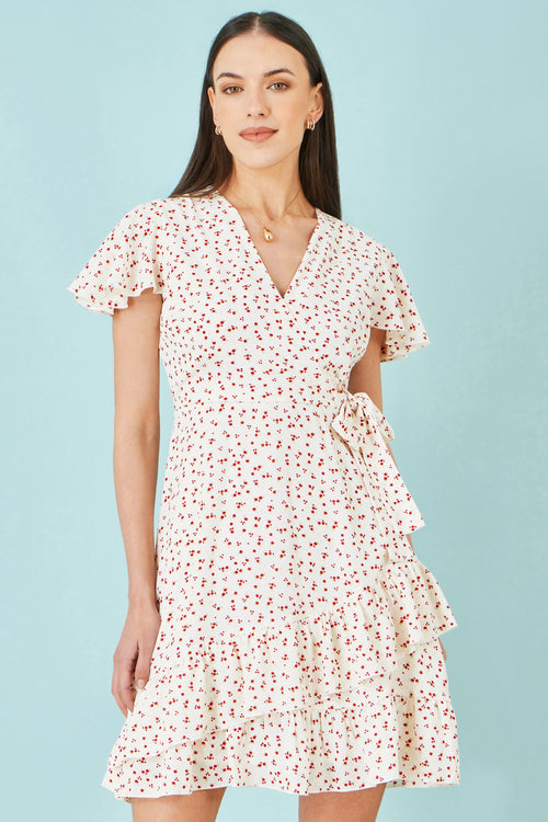Yumi White Ditsy Print Frill Wrap Dress