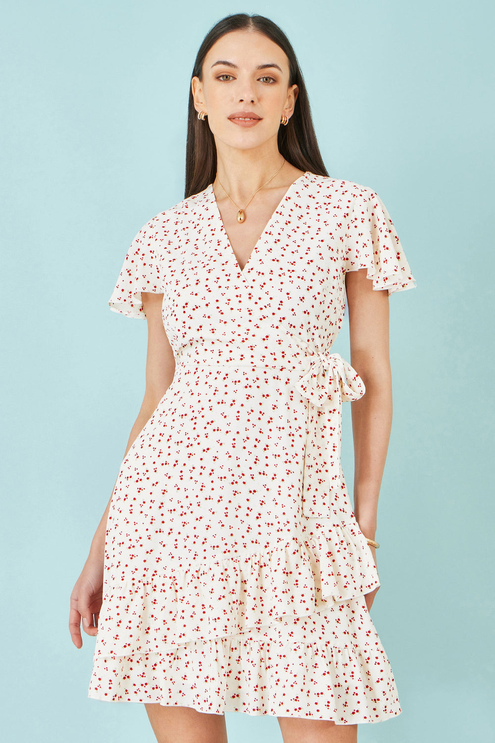 Yumi White Ditsy Print Frill Wrap Dress