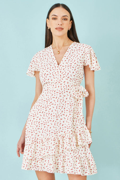 Yumi White Ditsy Print Frill Wrap Dress