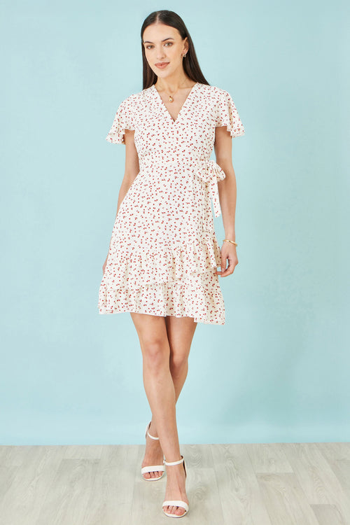 Yumi White Ditsy Print Frill Wrap Dress