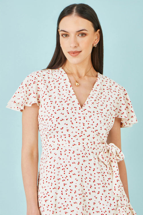 Yumi White Ditsy Print Frill Wrap Dress