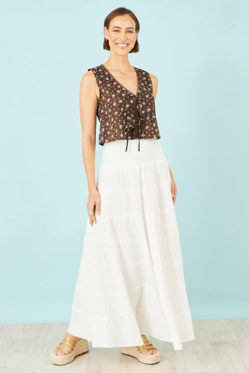 Yumi Brown Cotton Daisy Print Waistcoat Top