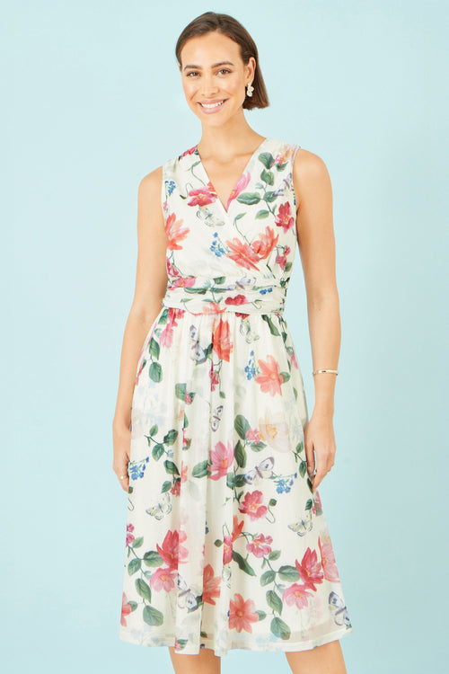 Yumi Ivory Blurred Floral Print Mesh Stretch Midi Dress With Pockets