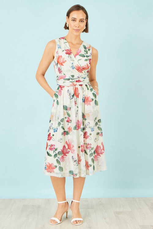 Yumi Ivory Blurred Floral Print Mesh Stretch Midi Dress With Pockets