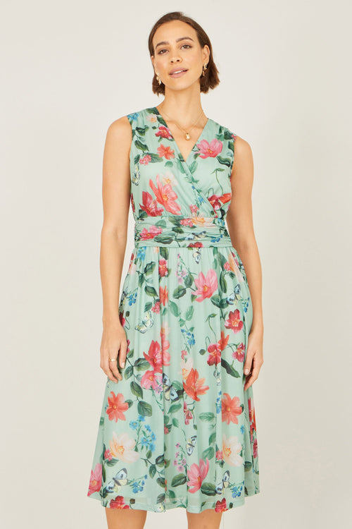 Yumi Mint Blurred Floral Mesh Wrap Midi Dress